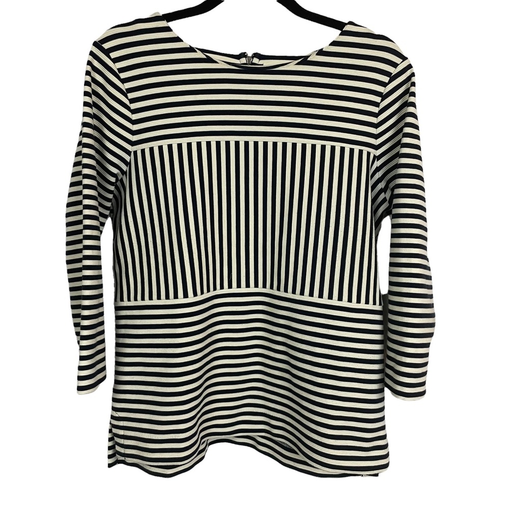 Madewell Breton striped 3/4 sleeve top with zipper back and split seams L EUC